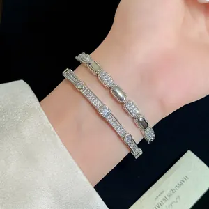 Luxurious 18K gold plated double-layer bangle with oval cubic zirconia crystals for women