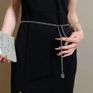 Minimalist stylish silver chain waist belt for dresses with circular pendant detail