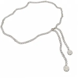 Elegant silver chain belt for women with round flower pendants on minimalist white background