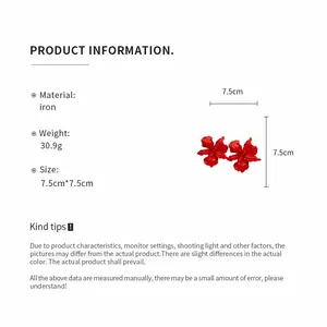 Detailed specifications of red flower earrings showing size, weight and iron material