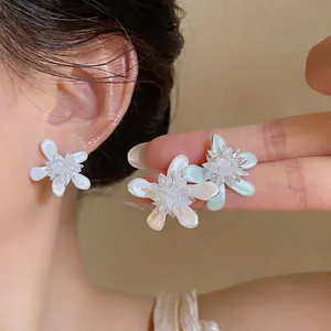 Korean Sweet Flower Stud Earrings Sterling Silver Needle Drip Oil Glass Petal Floral Earrings Women Fashion Jewelry