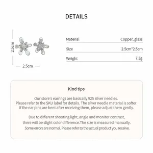 Product detail for floral glass stud earrings with 925 silver needles and dimensions.