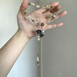 Vintage Rose Flower Artificial Pearl Tassel Double Layer Necklace Gold Plated Alloy Black Camellia Pendant Layered Choker For Women