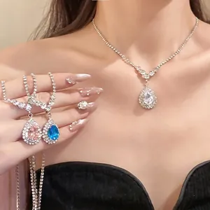 Elegant rhinestone waterdrop pendant necklace and earrings jewelry set for women, silver tone