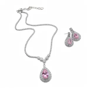 Exquisite silver waterdrop necklace and earrings set with pink pear-cut crystals