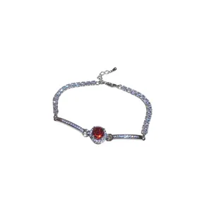 Elegant silver-toned bracelet featuring a central round red zircon and clear stone accents