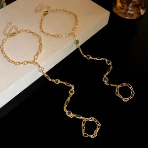 Elegant vintage gold plated ring bracelet set with green and white heart resin charms