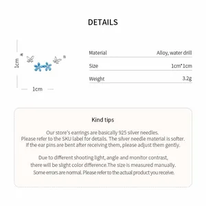 Product details for butterfly and blue flower earrings showing dimensions and material information.