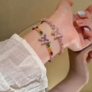 French Luxury Style Butterfly Zirconia Open Bracelet For Women Copper Water Drop Zircon Cuff Bangle Elegant Jewelry Gift