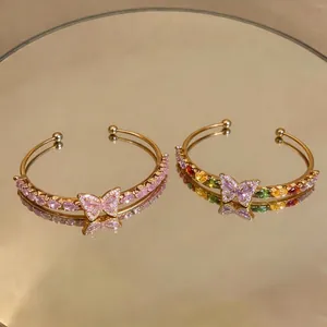 French style gold butterfly open bangle with sparkling pink and multi-color zircons