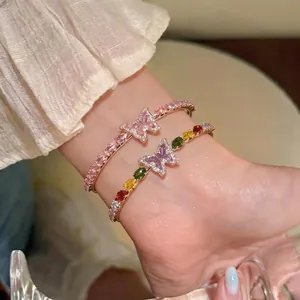 Elegant gold-plated open bangles with colorful zircon butterfly and drop-shaped stones