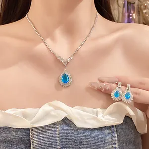 Elegant blue water drop crystal necklace and earrings set with sparkling rhinestones