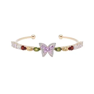 Elegant French style gold open bangle with zircon butterfly and colorful teardrops