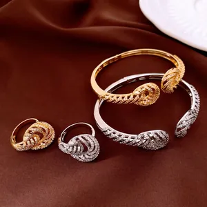 18K Gold Plated Copper Twisted Zirconia Open Bangle Luxurious Vintage Swirl Pattern Bracelet Ring Jewelry Set For Women