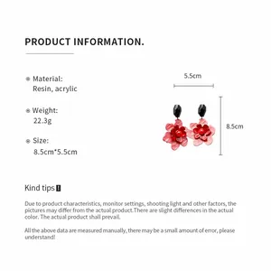 Detailed product specifications and dimensions for red floral acrylic pendant earrings