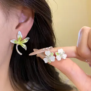 Elegant Alloy Flower Stud Earrings With 925 Sterling Silver Post Fresh Forest Style Rhinestone Orchid Earrings For Women Jewelry