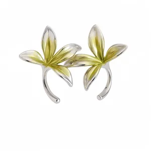 Elegant forest style orchid flower earrings with silver and yellow gradient enamel finish