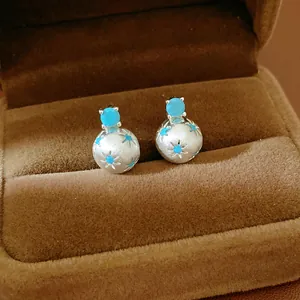Primo piano di orecchini a bottone tondi in argento spazzolato con eleganti pietre di zircone.