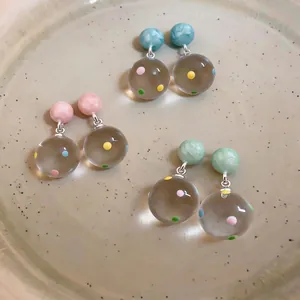 Summer soda style polka dot transparent resin drop earrings set in three pastel colors
