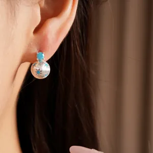 Dettaglio di orecchini a perno tondi in argento spazzolato con zirconi blu stelle.