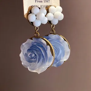 Elegant vintage French style blue resin rose drop earrings with white beaded stud design