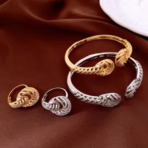 Exquisite 18K gold plated twisted zircon open bangle and matching ring set in gold and silver