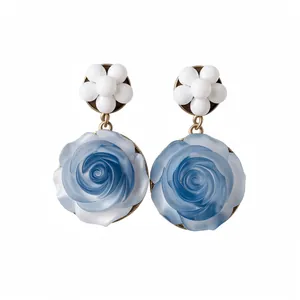 Elegant French retro earrings featuring blue resin 3D roses and white beaded flowers.