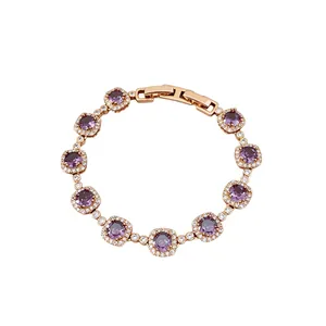 Bracelet élégant plaqué or rose avec des zircons violets carrés et des cristaux brillants