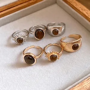 Set di anelli aperti rotondi in resina stile Maillard vintage in oro e argento