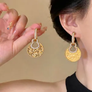18K Gold Plated Hollow Calabash Buckle Earrings For Women Exquisite Zirconia Hammered Copper Disc Niche Luxury Jewelry