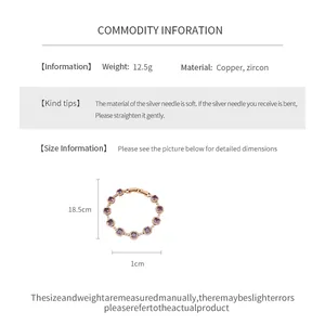 Détails techniques du bracelet en zircon violet indiquant 18,5 cm de long et 12,5 g.