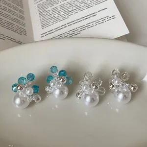 Sweet Floral Rhinestone Artificial Pearl Stud Earrings For Women Flower Design Silver Finish Jewelry Daily Accessories
