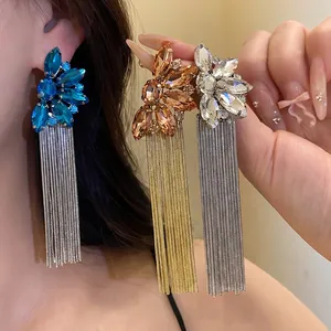 Vintage Copper Rhinestone Flower Tassel Earrings Luxury Gold Silver Drop Earrings With Silver Post For Women Party Jewelry