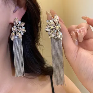 Elegant crystal flower tassel earrings with silver needles for a retro luxury look