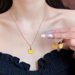 Sweet yellow oil-dripping pumpkin pendant necklace and earrings two-piece jewelry set