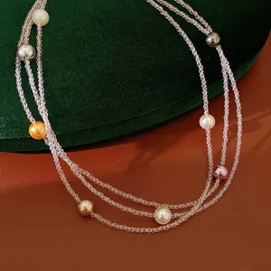Elegante Collana a Girocollo a Strati Perline Rotonde da Donna Perle Artificiali Multicolore Catena di Vetro Gioielli per Matrimonio Banchetto