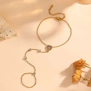 Bracelet de doigt délicat en acier doré avec cristal rose en forme de cœur