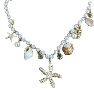 Elegant vintage baroque pearl necklace for women featuring seashell and starfish charms