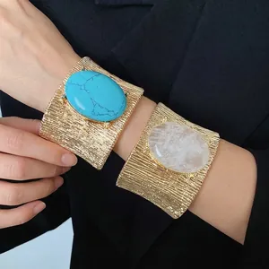 Bracciale Rigido Aperto in Lega Metallica con Texture Vintage per Donna Moda Geometrica con Pietra Ovale Intarsiata Gioielli di Lusso