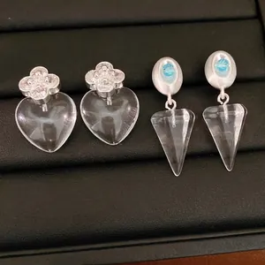 Women Ice Blue Drop Earrings Light Luxury Resin Heart Cone Geometric Zirconia Inlaid Jewelry With Silver Earring Post