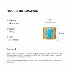 Specifiche dettagliate del bracciale retrò in metallo testurizzato con pietra turchese