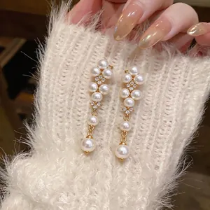 French Elegant Artificial Pearl Rhinestone Drop Earrings With 925 Sterling Silver Earring Post Gold Color Luxury Jewelry For Women