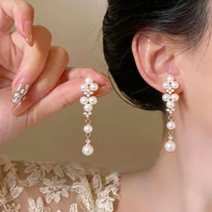 Elegant French style pearl and zircon drop earrings for women with high quality finish