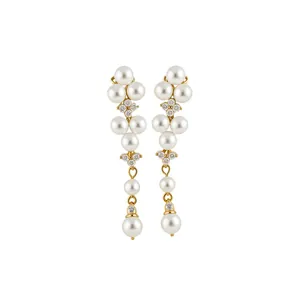Elegant French drop earrings with pearls and shimmering zircons in gold finish.