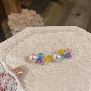 Fresh summer pearl drop earrings with colorful crystal beads in curved design