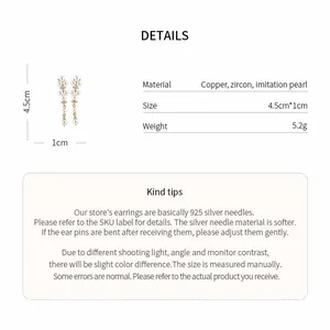 Product detail showing material specs and dimensions for elegant pearl drop earrings