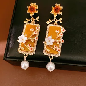 Vintage Or Alliage Fleur Résine Boucles d'Oreilles Pendantes Avec Tige en Argent Élégant Strass Incrusté Perle Artificielle