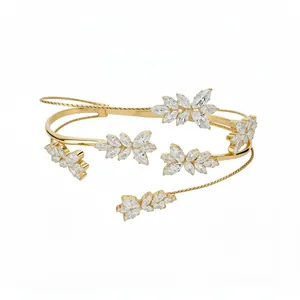 Elegant gold-plated bangle bracelet featuring marquise-cut zircon wheat leaf clusters