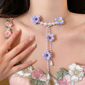 Collana con Nappa a Fiore in Tessuto Stile Coreano Elegante Collana da Maglione in Perline Artificiali da Donna Gioielli Viola Bianco