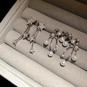 Eleganti orecchini pendenti a stella e perla in argento S925 con zirconi incastonati
